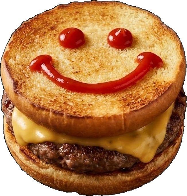 A cheeseburger with a ketchup smiley face drawn on the toasted bun