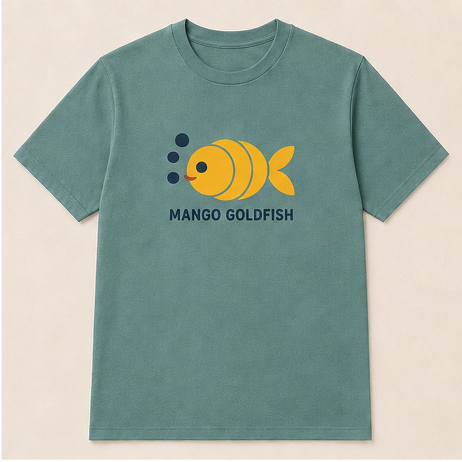Sage green t-shirt with a yellow goldfish and bubbles