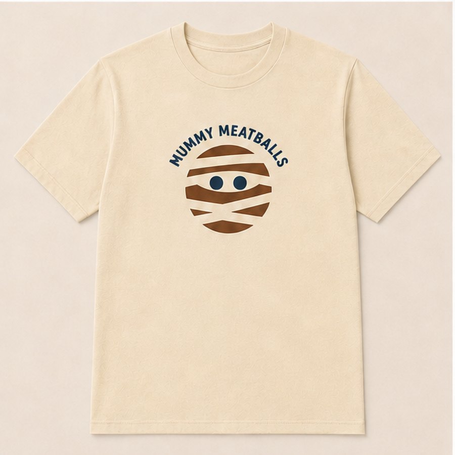 Cream t-shirt with a bandaged mummy meatball