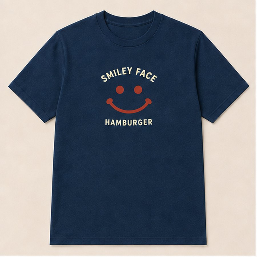 Navy t-shirt with a ketchup smiley face and the words Smiley Face Hamburger