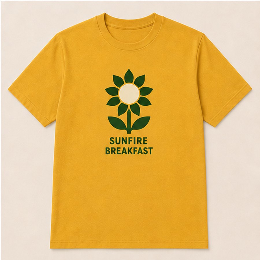 Mustard yellow t-shirt with a sunflower made from an egg and sausage petals