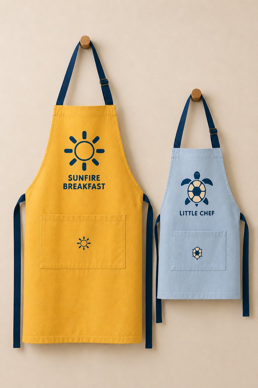 A mustard adult apron and a pale blue kid's apron