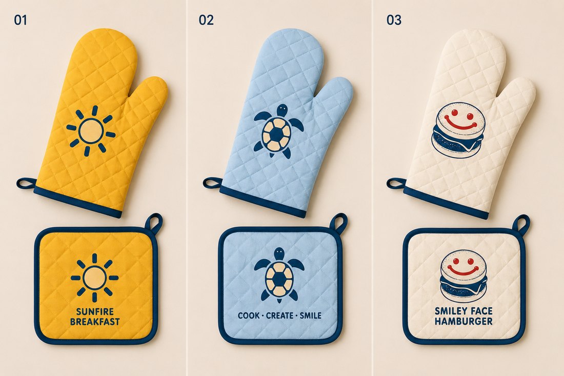 Oven mitts and pot holders in mustard, blue and cream