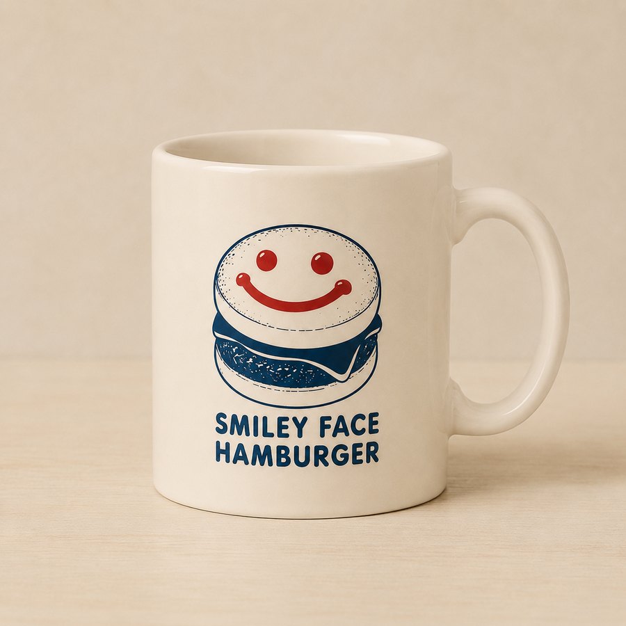 Cream mug with the smiling burger mark