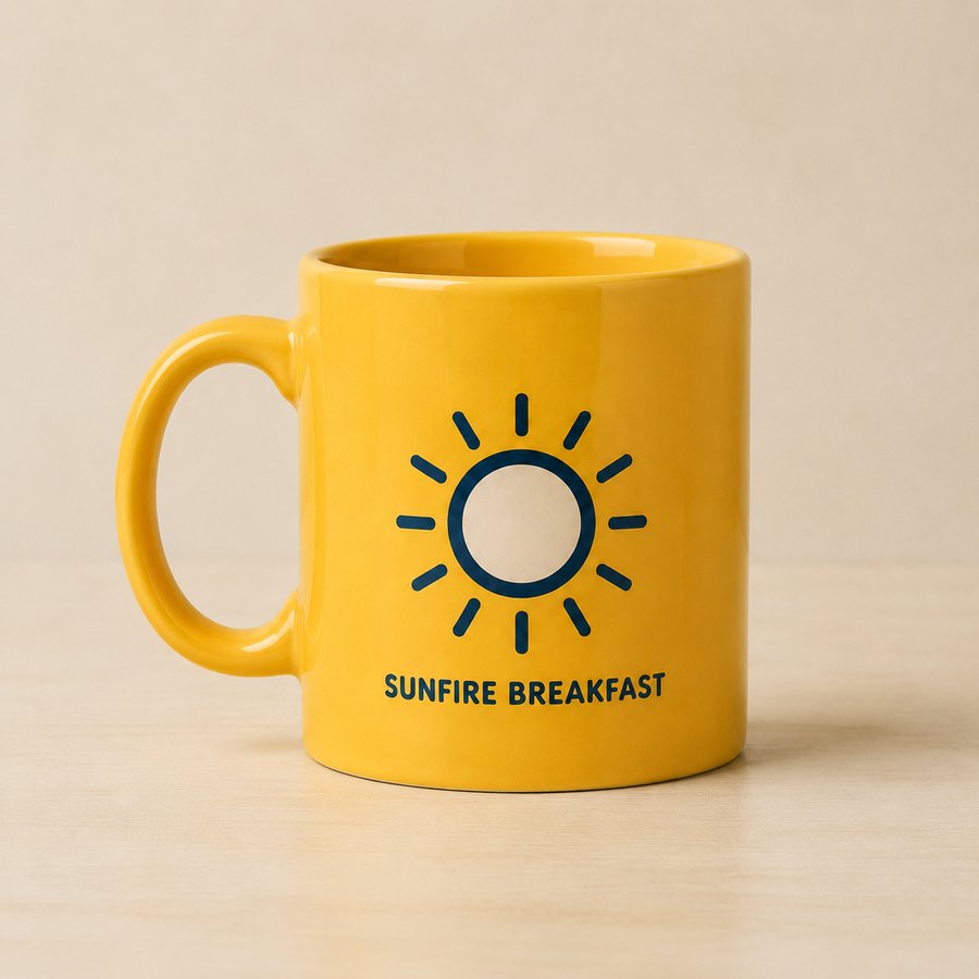 Yellow mug with a navy sun mark