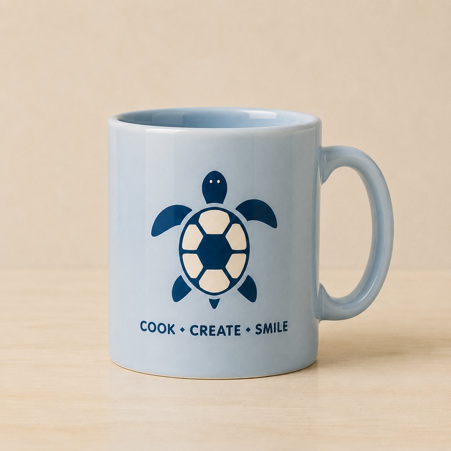 Pale blue mug with a navy turtle