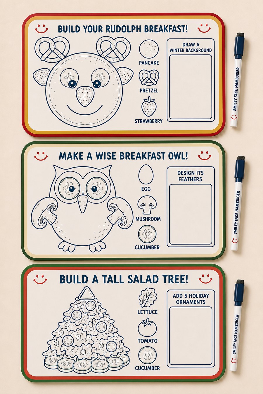 Three dry-erase activity placemats with markers